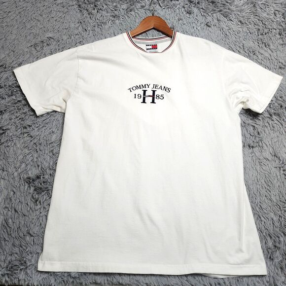 Tommy Jeans Shirt Mens Large White 1985 Embroidered Logo Crewneck Tee‎ Classic - Picture 1 of 11